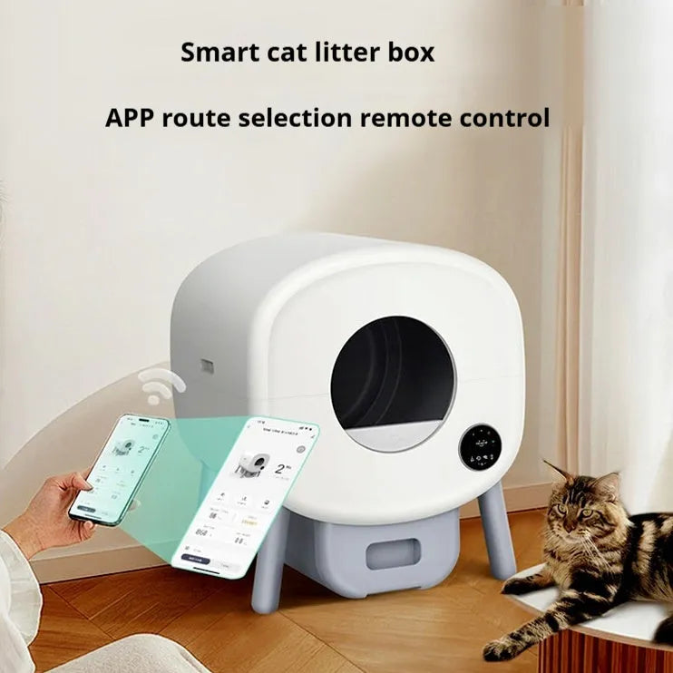 White intelligent automatic self-cleaning cat litter box with control panel on ABS plastic housing.