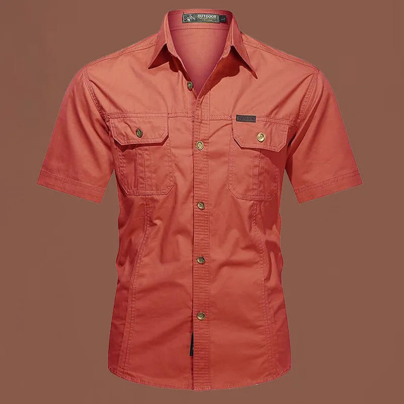Men's loose short sleeve cotton work shirt in army green colour on hanger