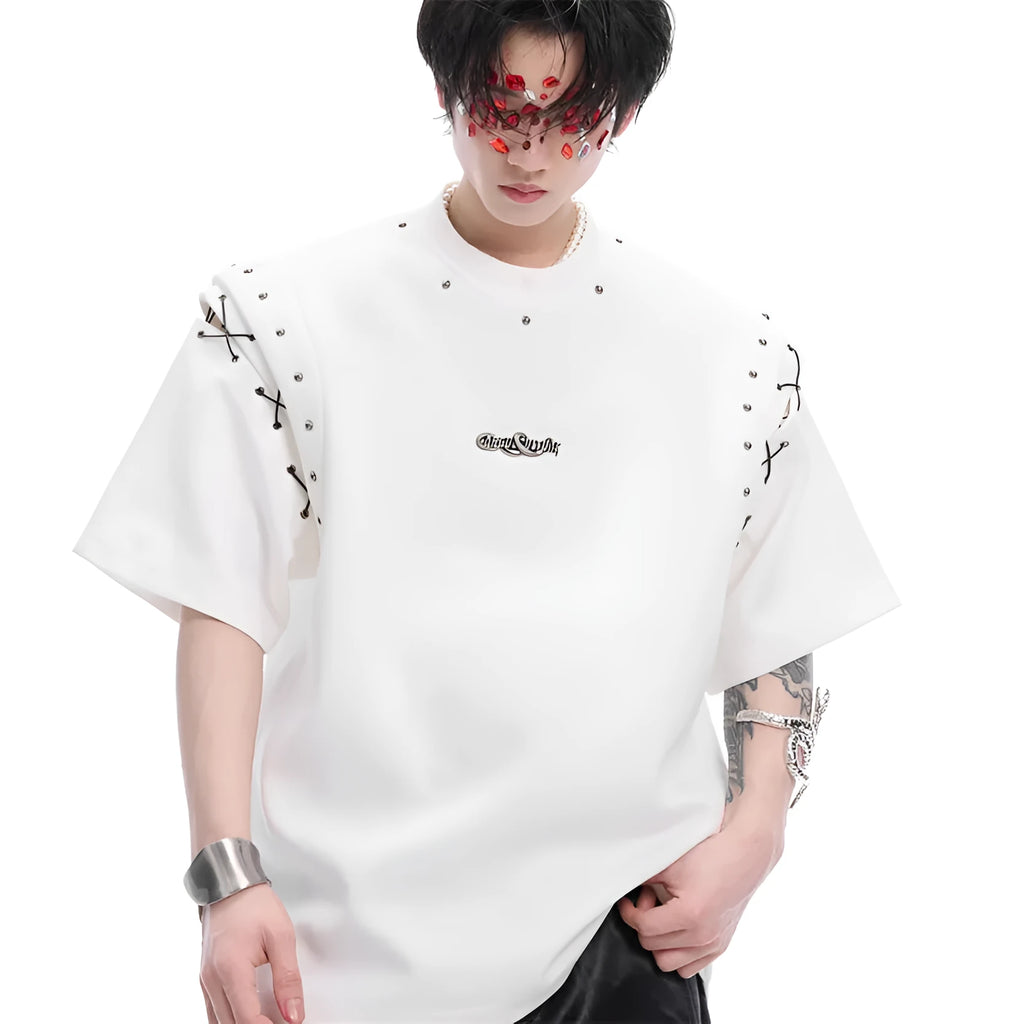 Women's black short sleeve T-shirt with lace-up cutout deconstruction style detail