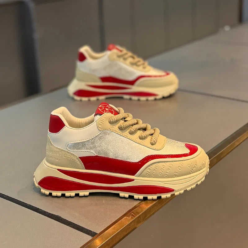 Men's chunky sole retro dad shoes in black, blue, beige red, and yellow with round toe and lace-up front.