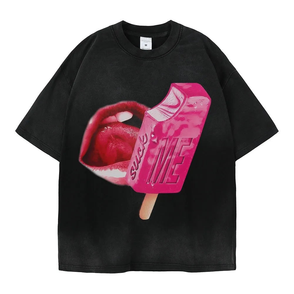Man and woman wearing a loose-fit, heavy washed cotton T-shirt with a cartoon graphic design in various colours.