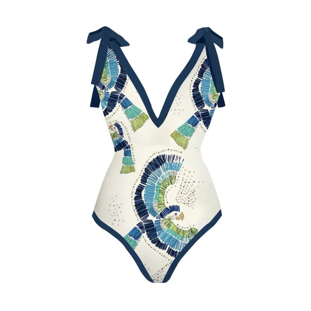 Blue French retro one-piece swimsuit with detachable gauze skirt showing backless design