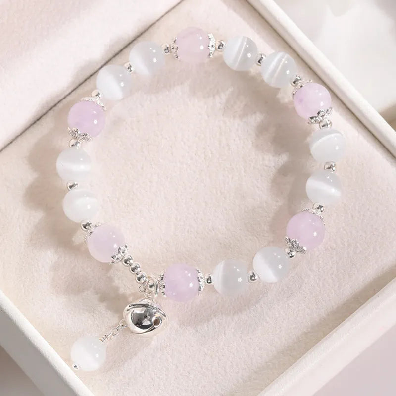 Women's cat's eye stone beaded bracelet with electroplated opal stones in diamond shape.