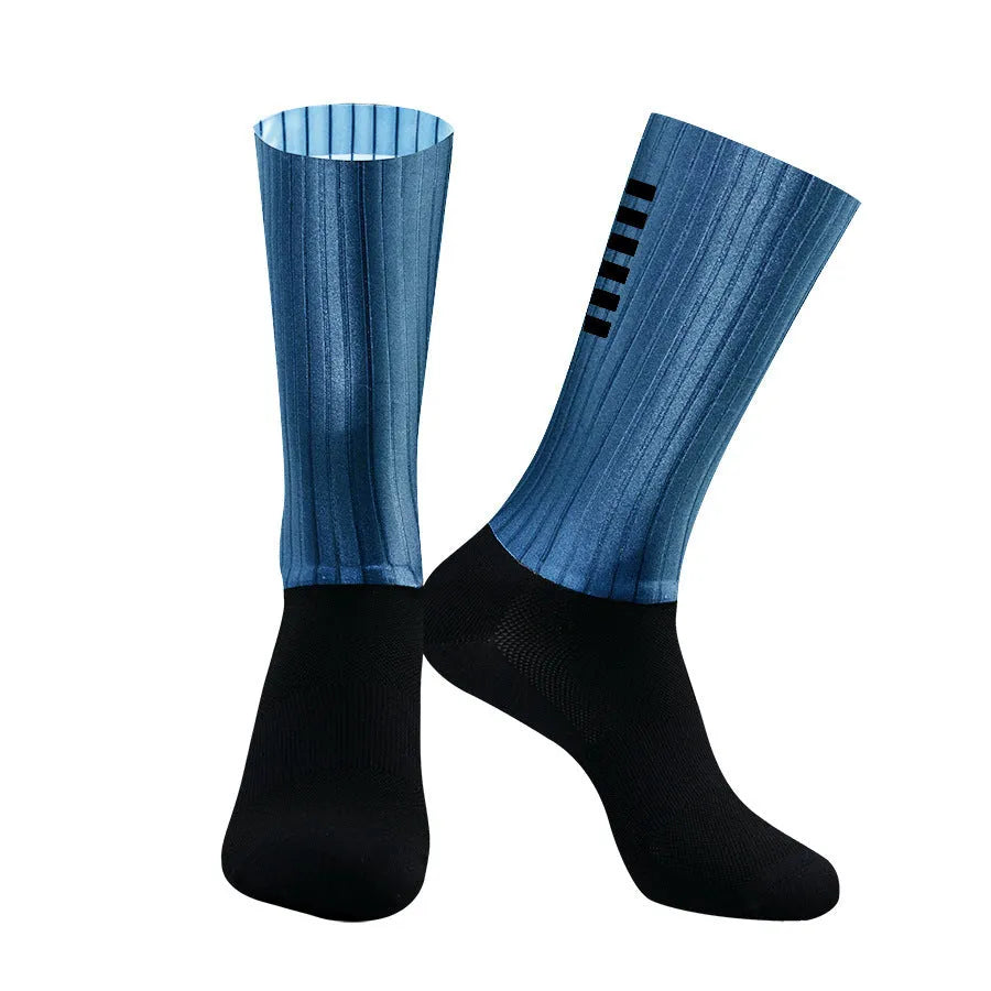 Pair of athletic socks for cycling and running in a chemical fibre blend, shown in one of six available colours.