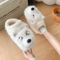Grey and white ankle wrap cotton slippers with plush upper and artificial wool lining for home wear