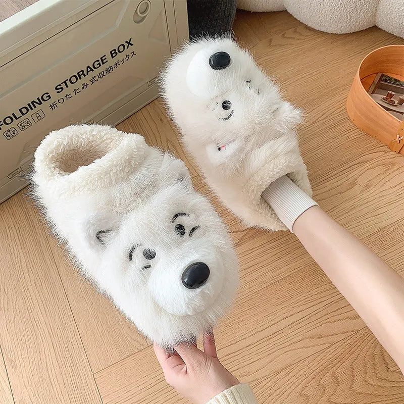 Grey and white ankle wrap cotton slippers with plush upper and artificial wool lining for home wear
