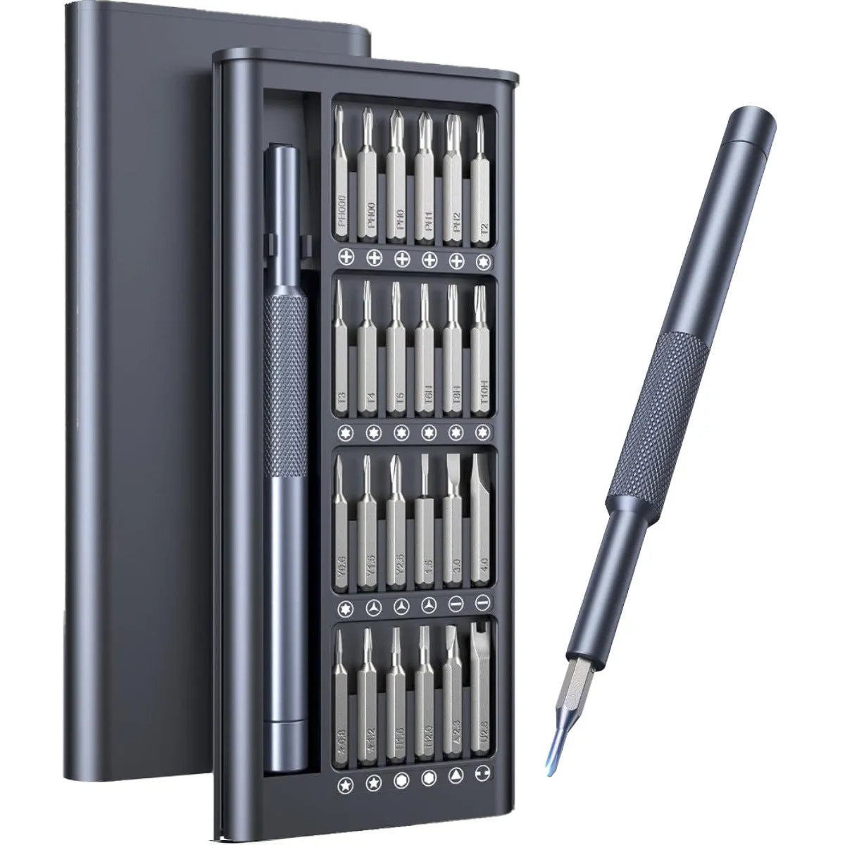 25-in-one magnetic screwdriver set with chrome vanadium steel bits and black ABS handle.