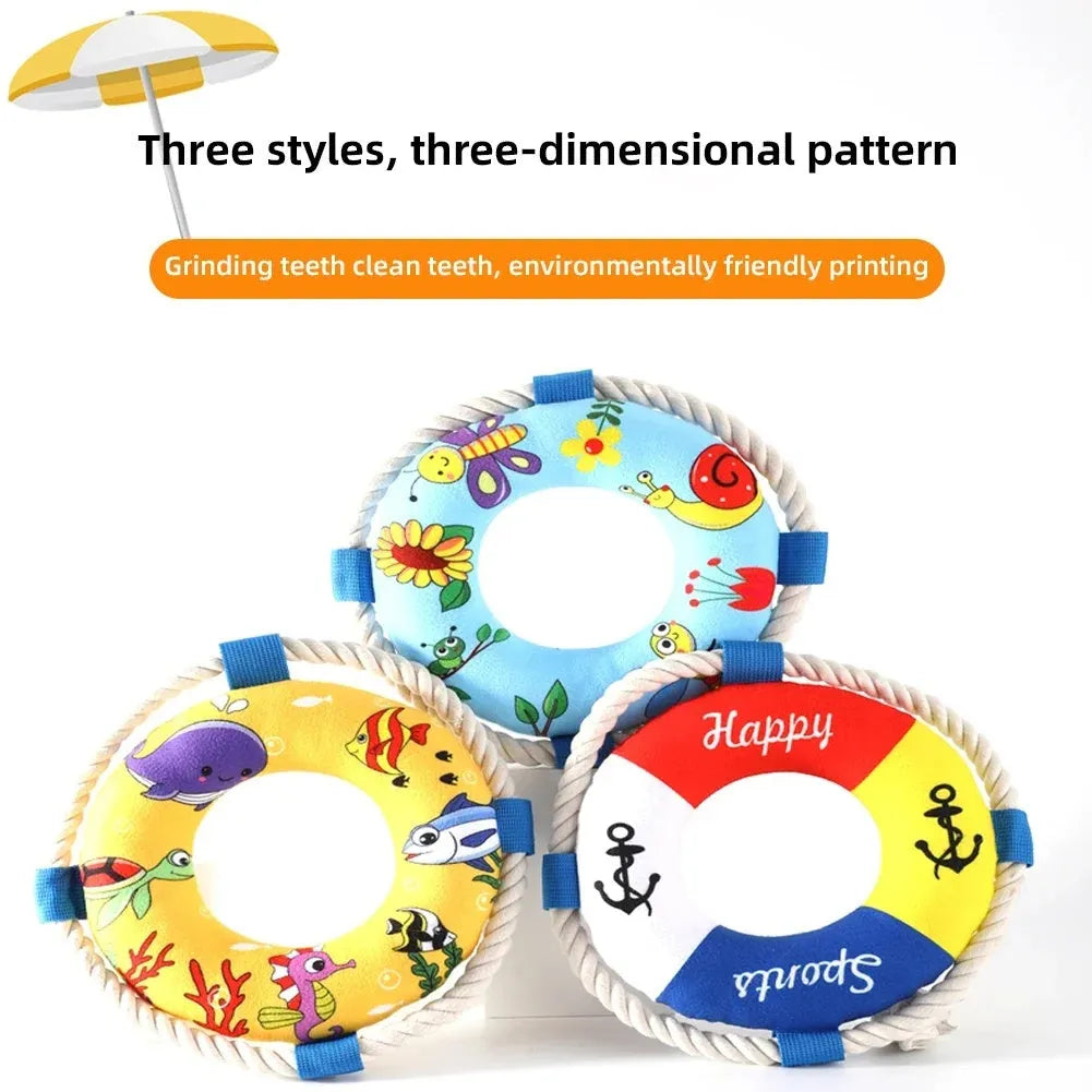 25cm diameter plush dog pull ring toy in yellow fish pattern with squeaker for fetch games