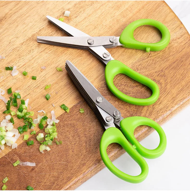 Green stainless steel multi-layer onion scissors for cutting herbs and seaweed