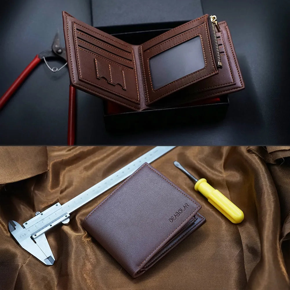 Men's leather wallet with a zipper closure, individually packaged for gift-giving.