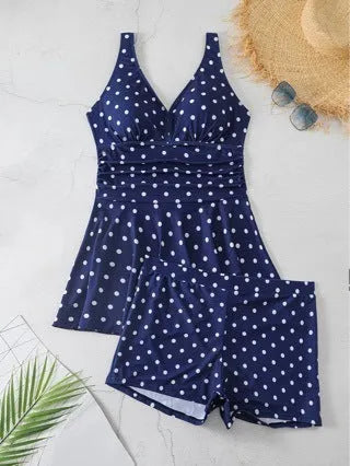 Blue polka dot print women's swimsuit with skirted bikini design, plus size