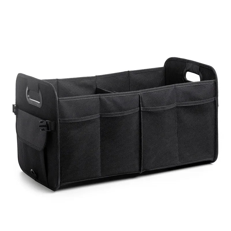 Black foldable fabric car boot storage box with handle and multiple compartments