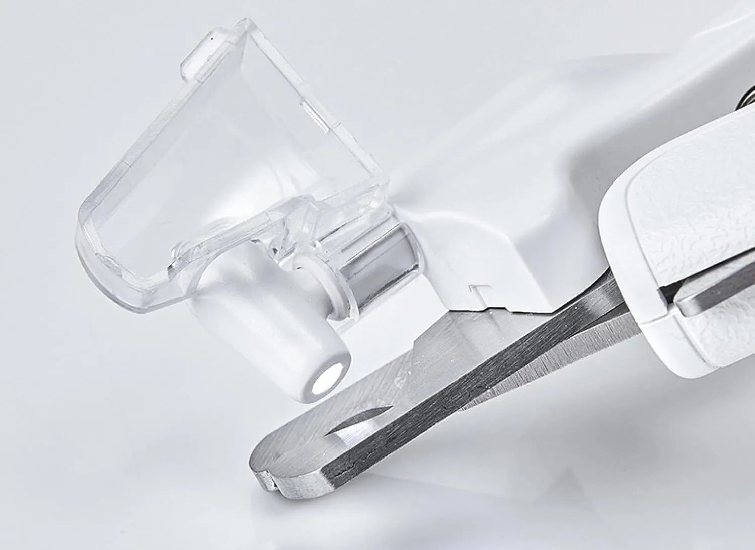White pet nail clippers with LED light on the handle and a clear anti-splash guard covering the blades.