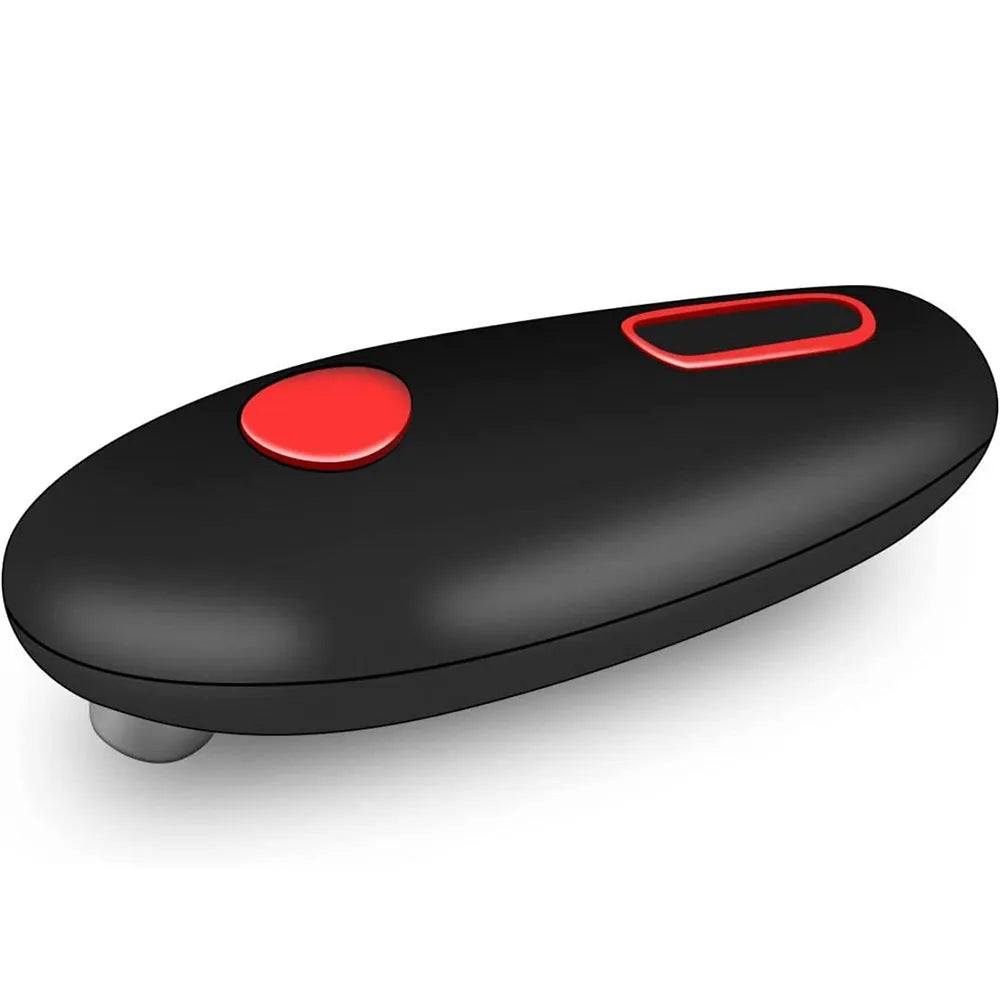Black plastic electric can opener for one-touch opening of cans, jars, and bottles.
