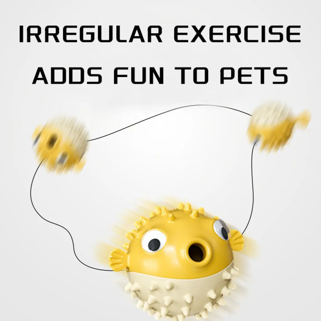 Yellow durable fish-shaped vinyl dog chew toy with textured surface and squeaker.