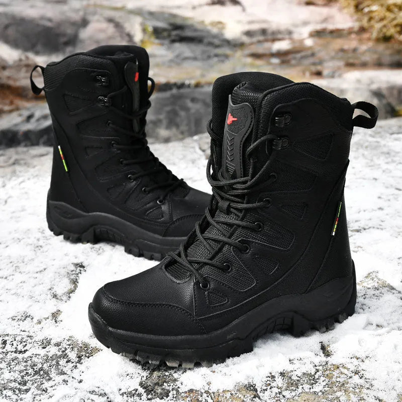 Cowhide leather hi-top hiking shoes with platform soles in beige, black or brown