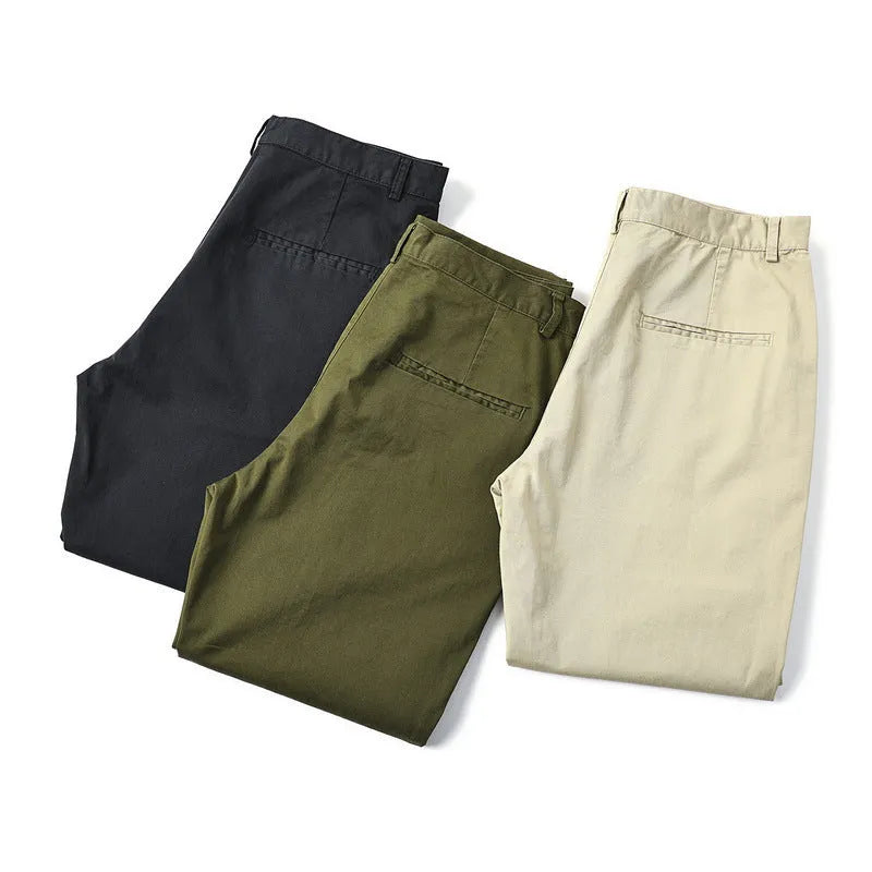 Men's cotton twill slim straight casual pants in black, high waist, zipper fly, solid colour
