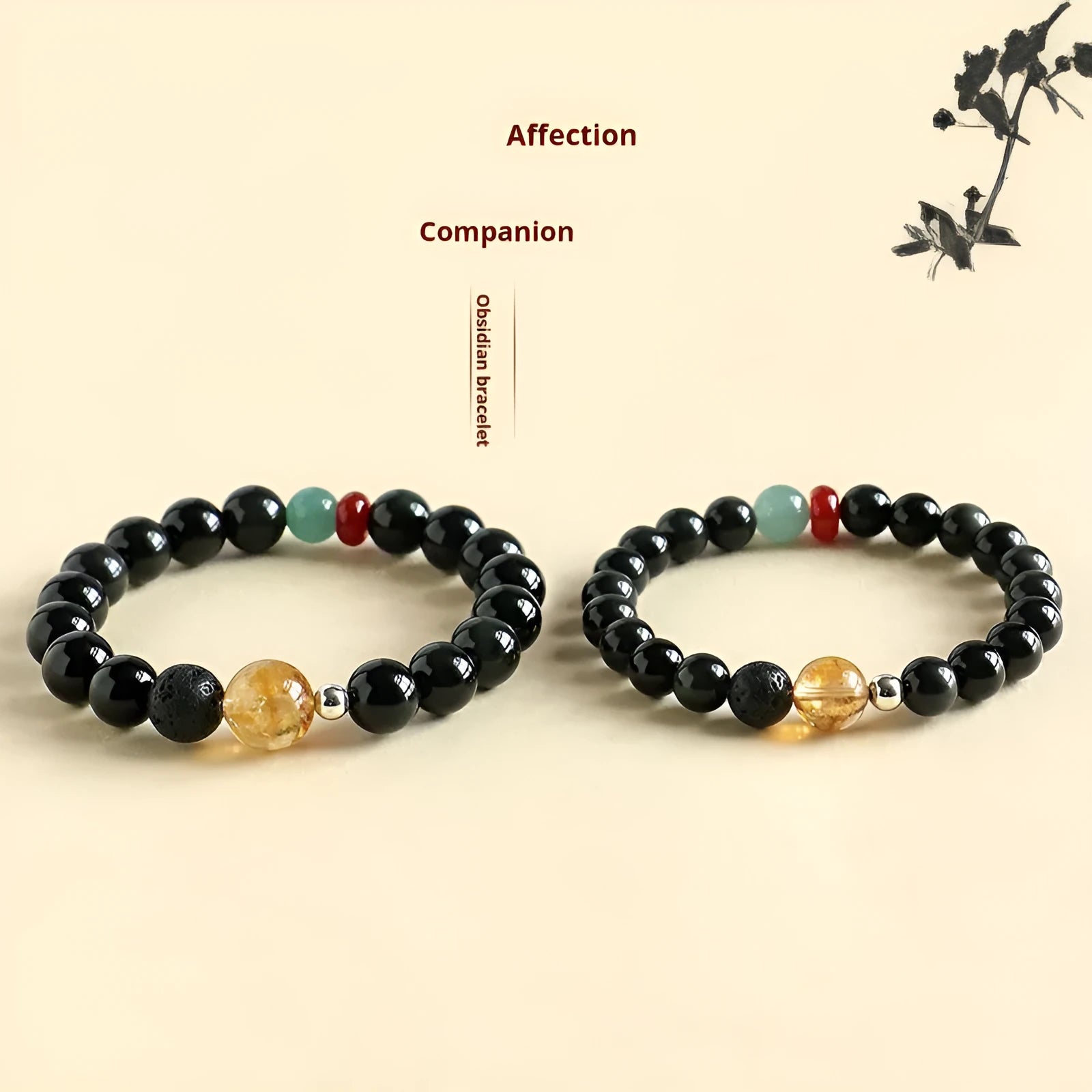 Chinese style obsidian and agate jade couple bracelet with yellow tower crystal beads.