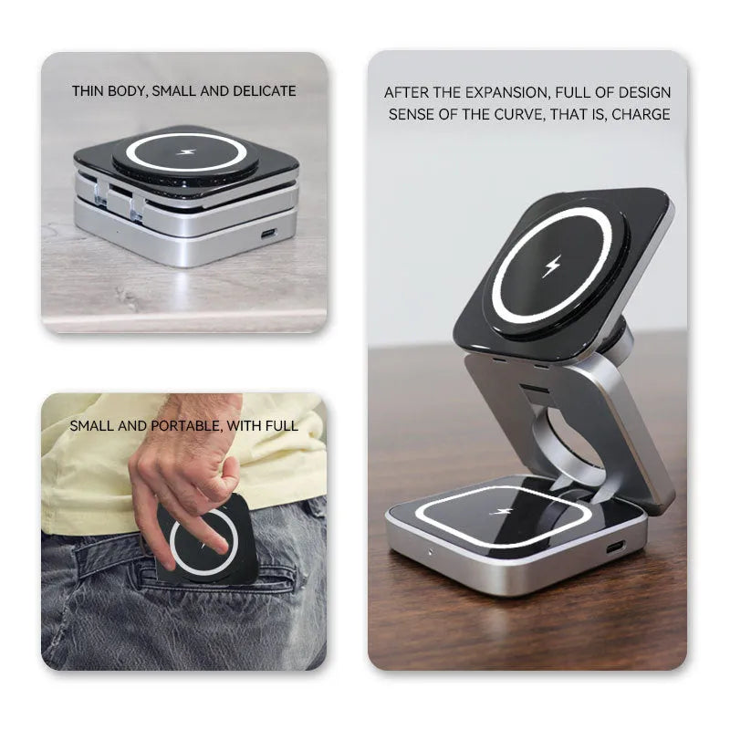 Folding three-in-one wireless charging bracket with magnetic ring on desktop