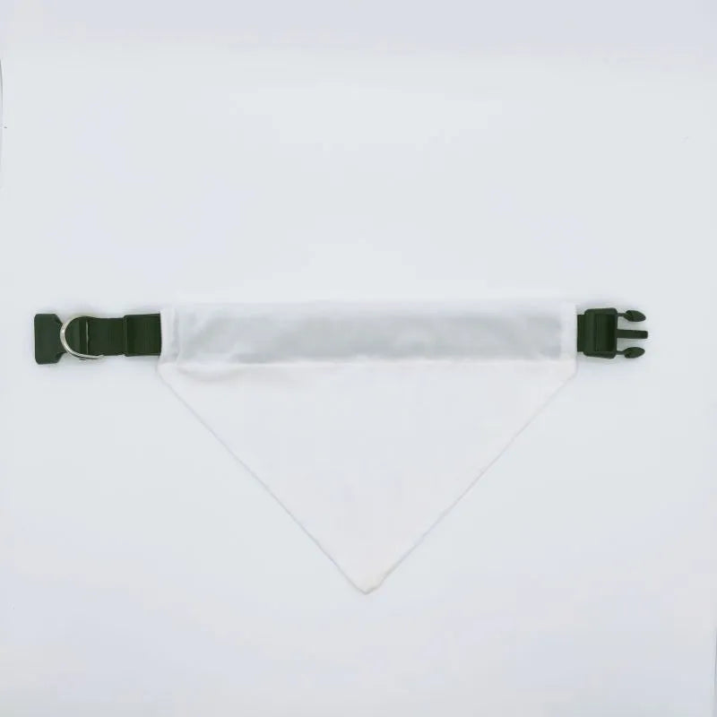 White blank polyester dog scarf for thermal transfer customisation, shown in four sizes.