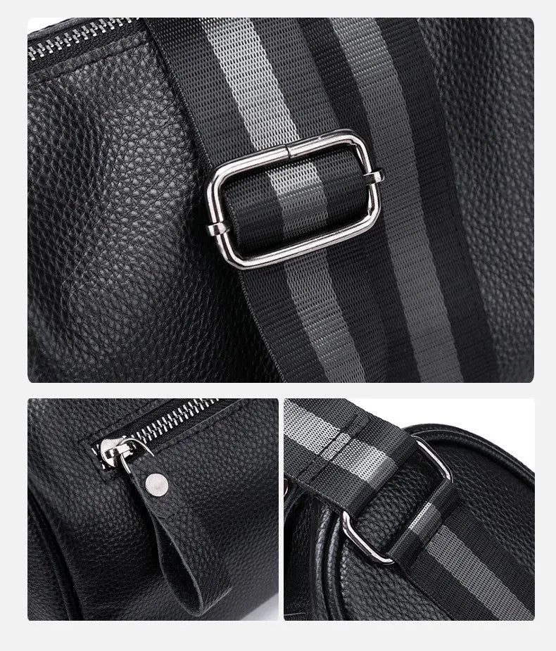 Black genuine leather one-shoulder crossbody bag with dimensions 24x16x13cm