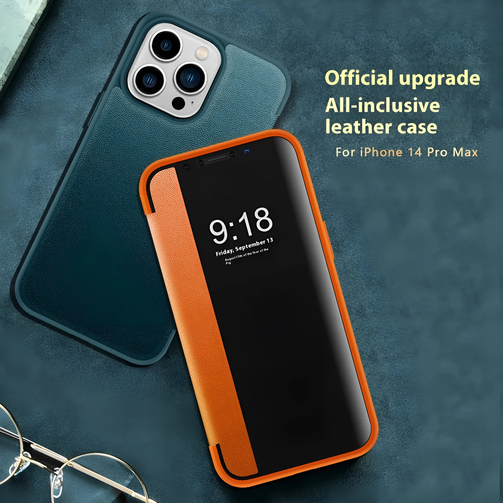 Plain black leather business flip phone case with anti-drop function for iPhone 14 Pro Max