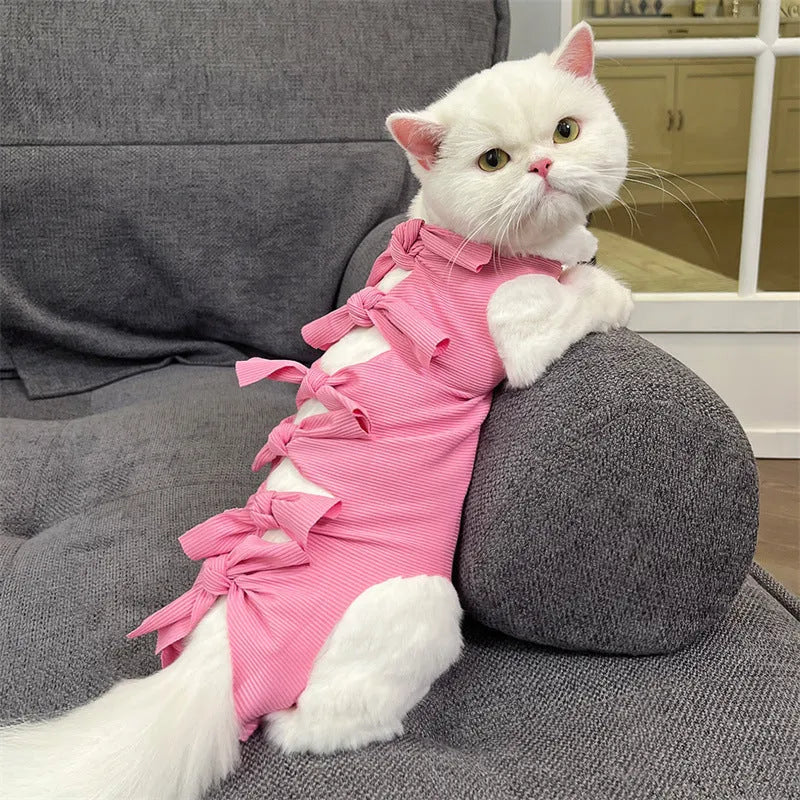 Lace-up polyester cat recovery suit in blue colour shown on a model, size L for cats 6-9kg.