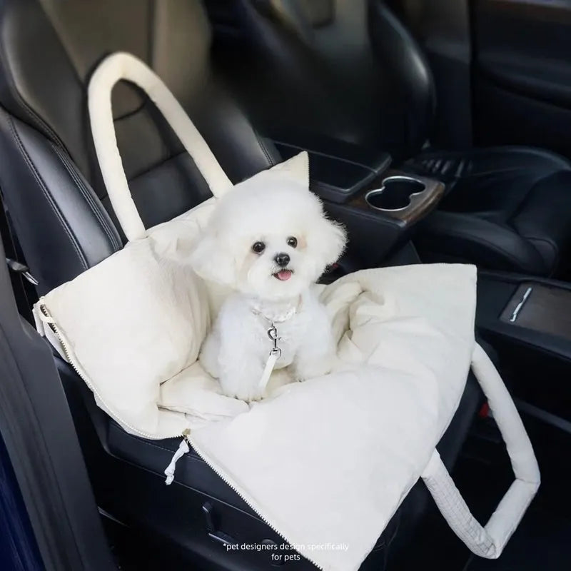 Dog car seat pet carrier with adjustable safety leash in beige waterproof quilted fabric for small dogs up to 10 pounds