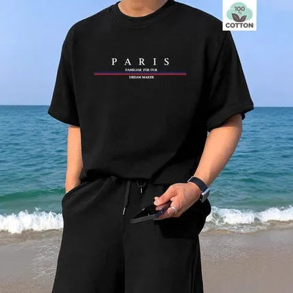 Men's short-sleeved cotton T-shirt with printed letter design in loose fit