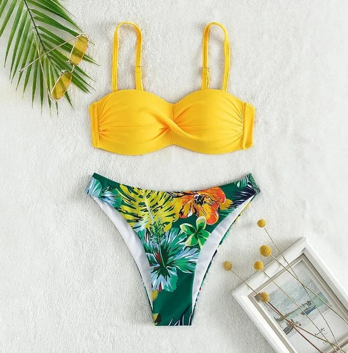 Women's fluorescent green push up bikini set with hard cup top and matching split brief bottoms
