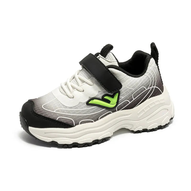 Children's black and purple striped casual trainers with mesh fabric upper and rubber sole.