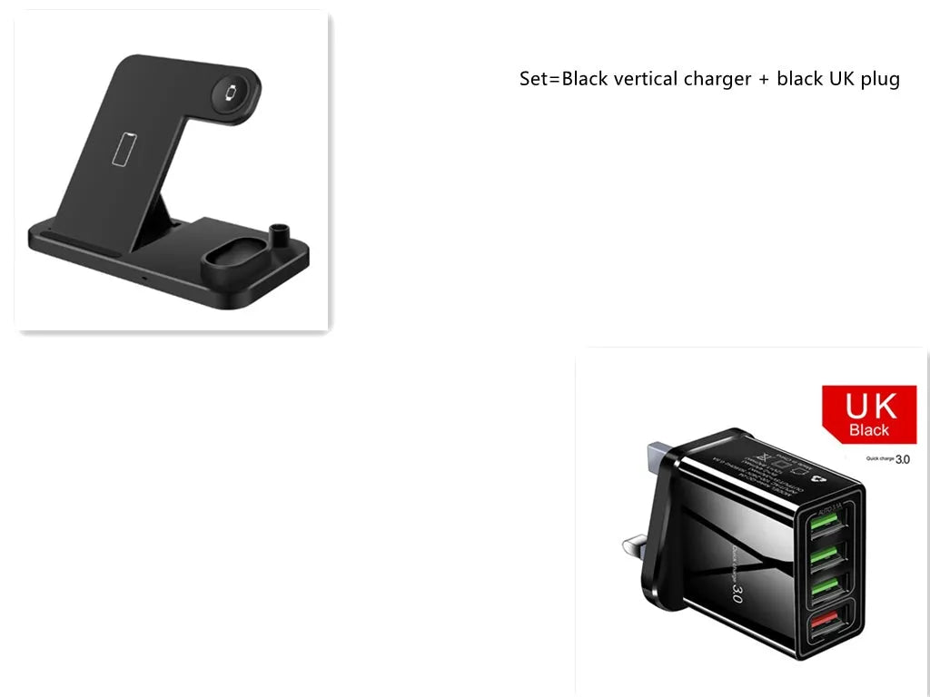 Black 4-in-1 wireless charger with magnetic phone stand charging an iPhone, Apple Watch, and AirPods.