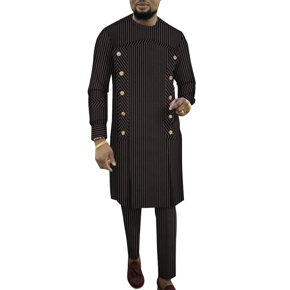 African striped cotton robe two-piece set for men, showing long sleeve top and matching trousers.