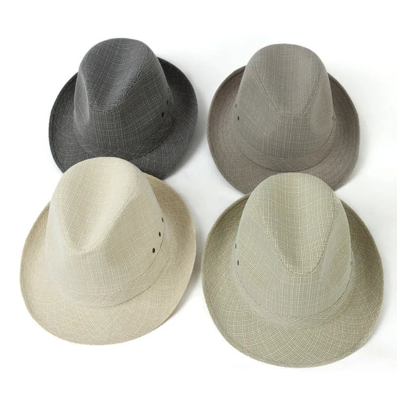 Men's classic fedora hat in suit material and linen, shown in various colours with size tags for 57cm, 58cm, 59cm, and 60cm.