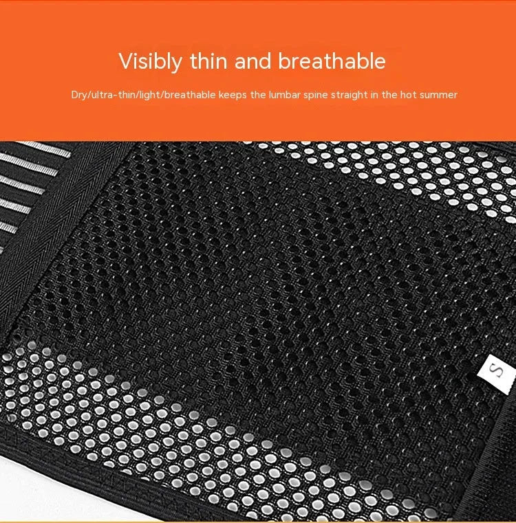Black breathable sports waist support belt with internal steel plate for lumbar protection during fitness.
