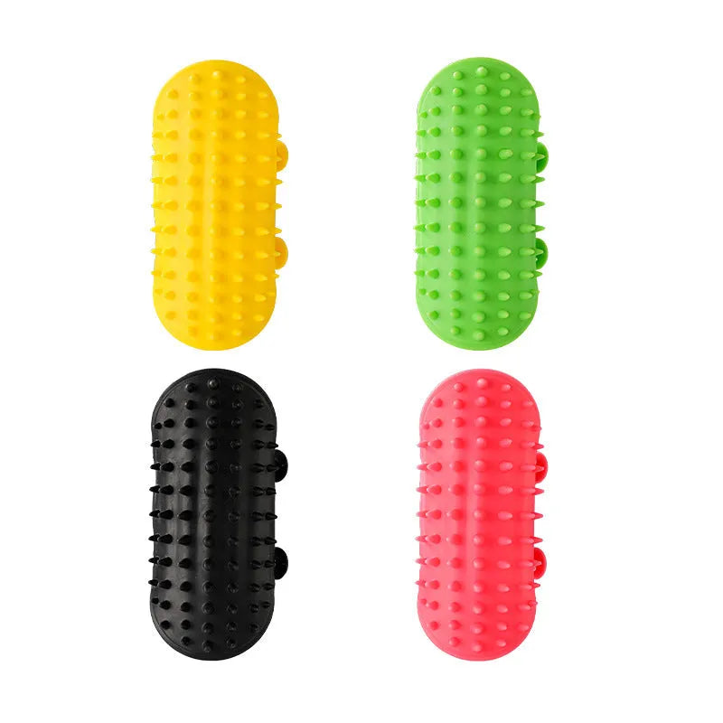 Adjustable silicone cat scratching comb mounted on a table leg in green colour.