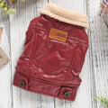 Red two-legged PU leather dog coat with fleece lining on a small dog