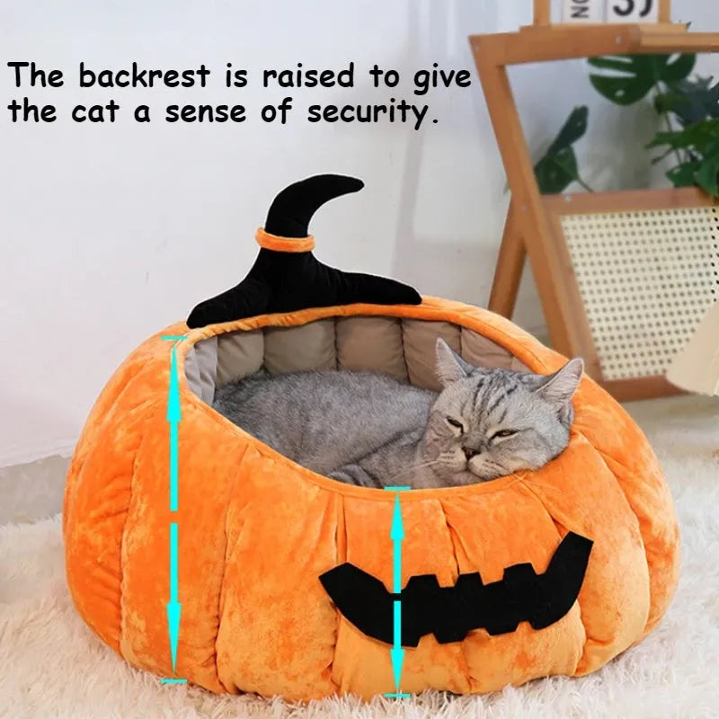 Halloween pumpkin-shaped cat bed with cartoon devil design in soft plush material
