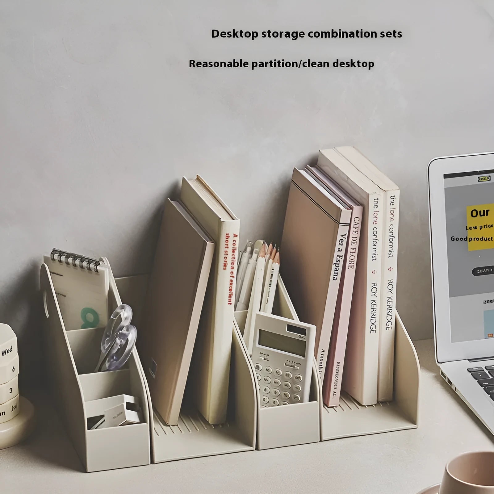 Desktop plastic storage box with two-layer grid design in ivory white colour
