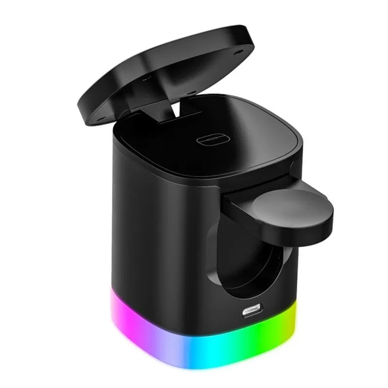 Black foldable 3-in-1 magnetic wireless charging station cube for iPhone, Apple Watch and AirPods