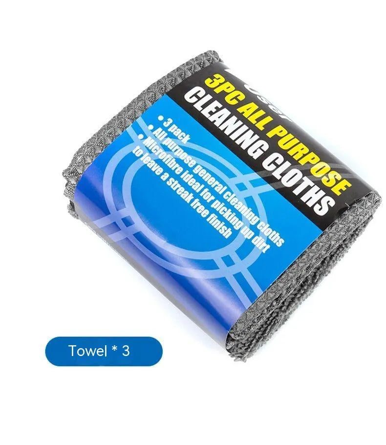 9-piece grey car wash cleaning set with microfiber sponge, gloves, tyre brush, wipes and towels