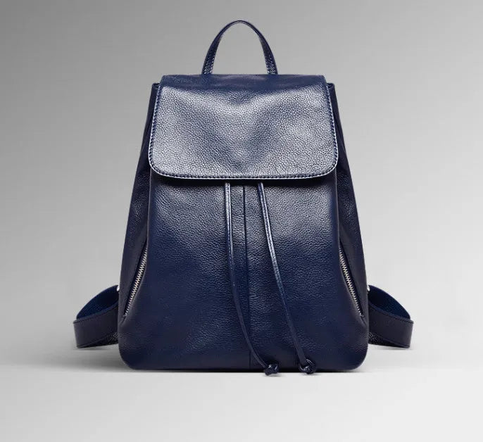 Black genuine leather women's backpack with Korean street trend design showing multiple compartments