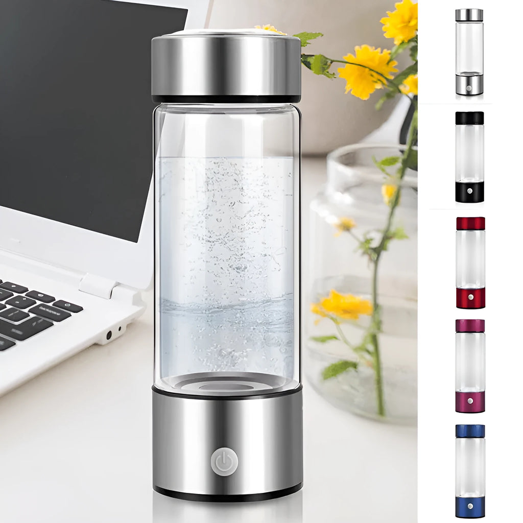 Silver electric hydrogen water generator bottle with borosilicate glass cylindrical design