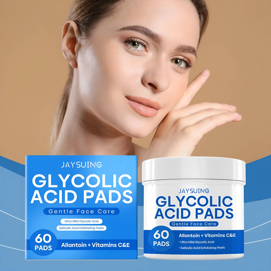 Pack of 60 glycolic acid exfoliating facial cotton pads on a blue background.