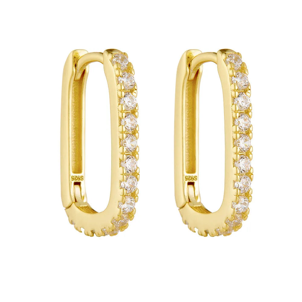 S925 sterling silver oval zircon earrings with geometric design and clip-on fitting