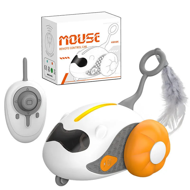 Blue or orange remote control cat toy with feather teaser attachment and charging cable