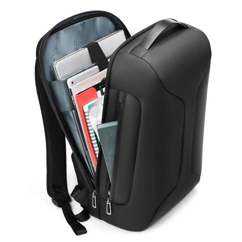 Black Oxford cloth business backpack with air pillow belt straps and organisational compartments