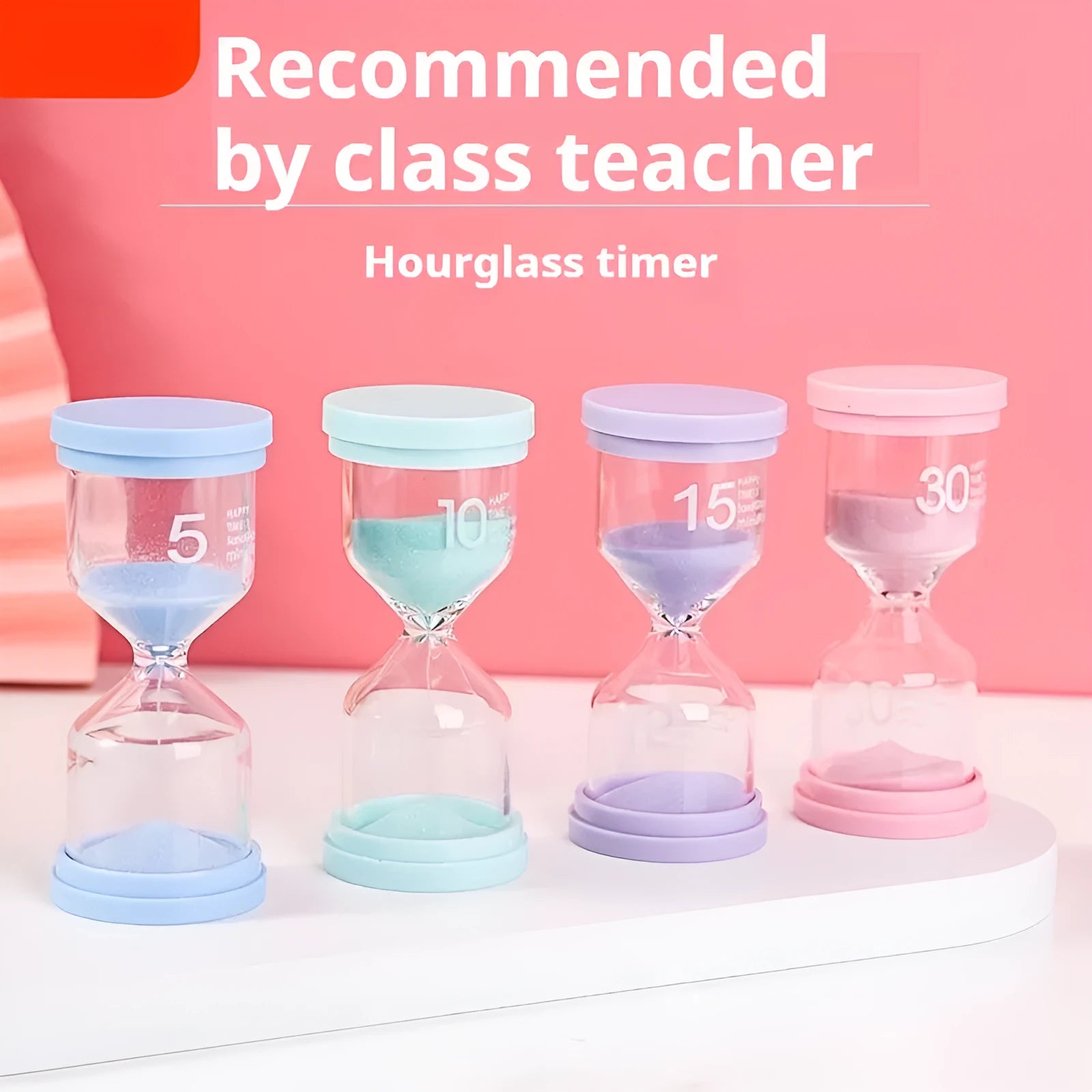 Handmade glass sand timer hourglass in blue colour showing sand flow for timing.