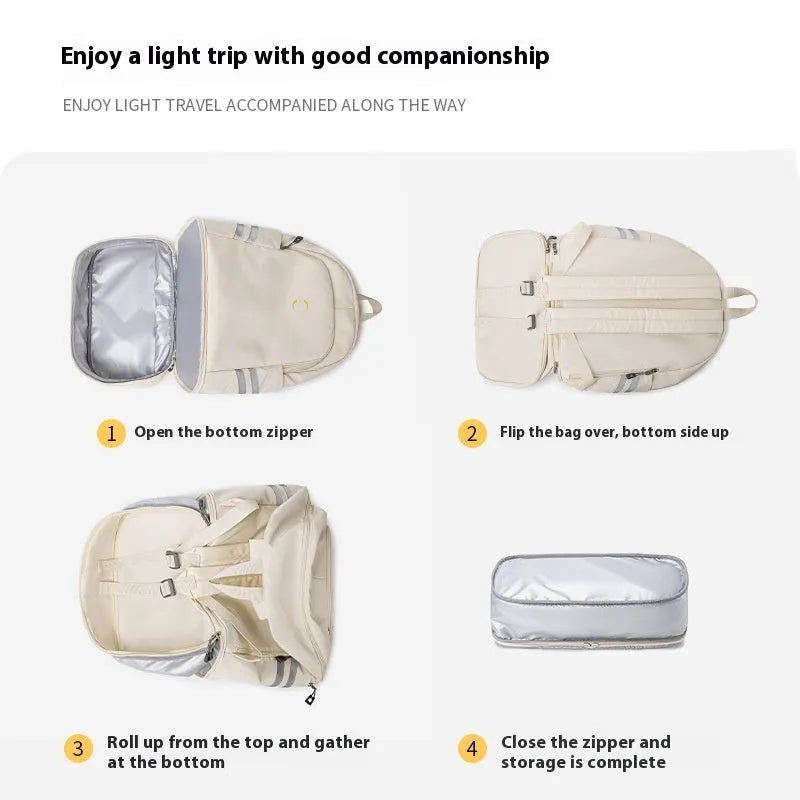 Women's travel backpack with dry-wet separation compartments in beige colour showing curved shoulder straps