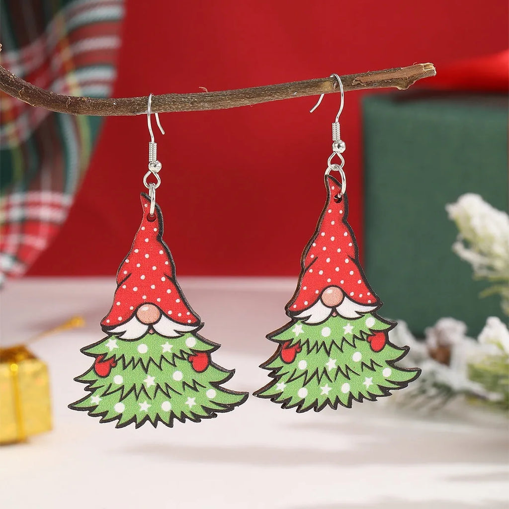 Wooden geometric Christmas earrings with Christmas tree and water drop snowman designs featuring Santa Claus elements